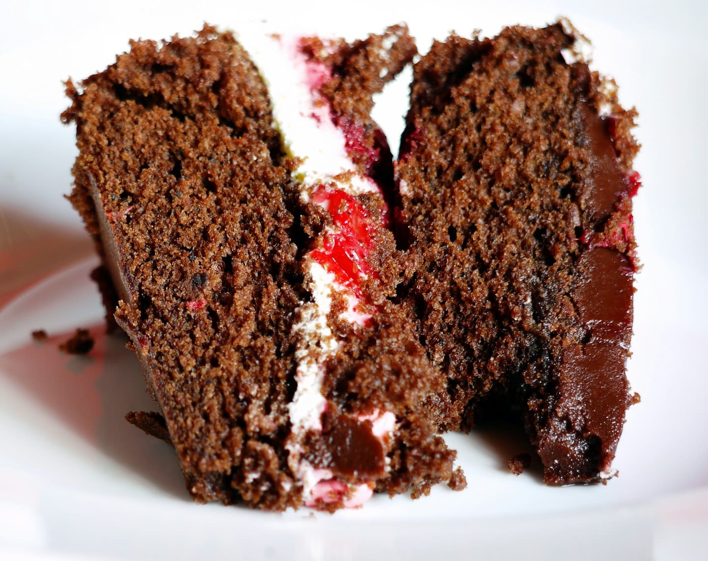 Dos rebanadas de pastel de chocolate rico en un plato de cerámica blanco.